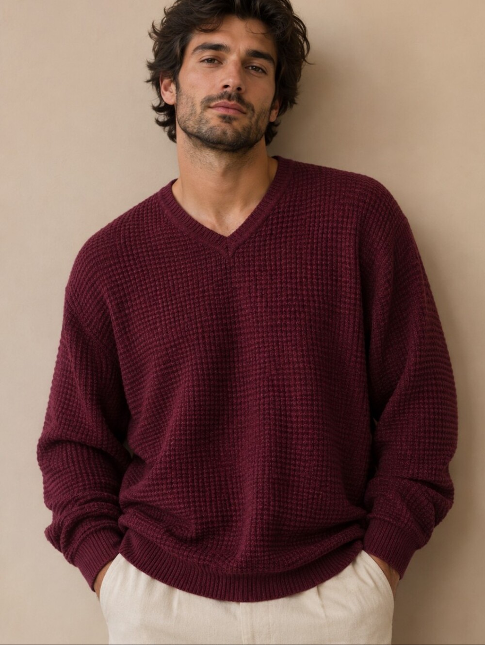 Turnbury Baby Alpaca Luxury V-Neck Waffle Knit Classic Sweater - Burgundy sz XL